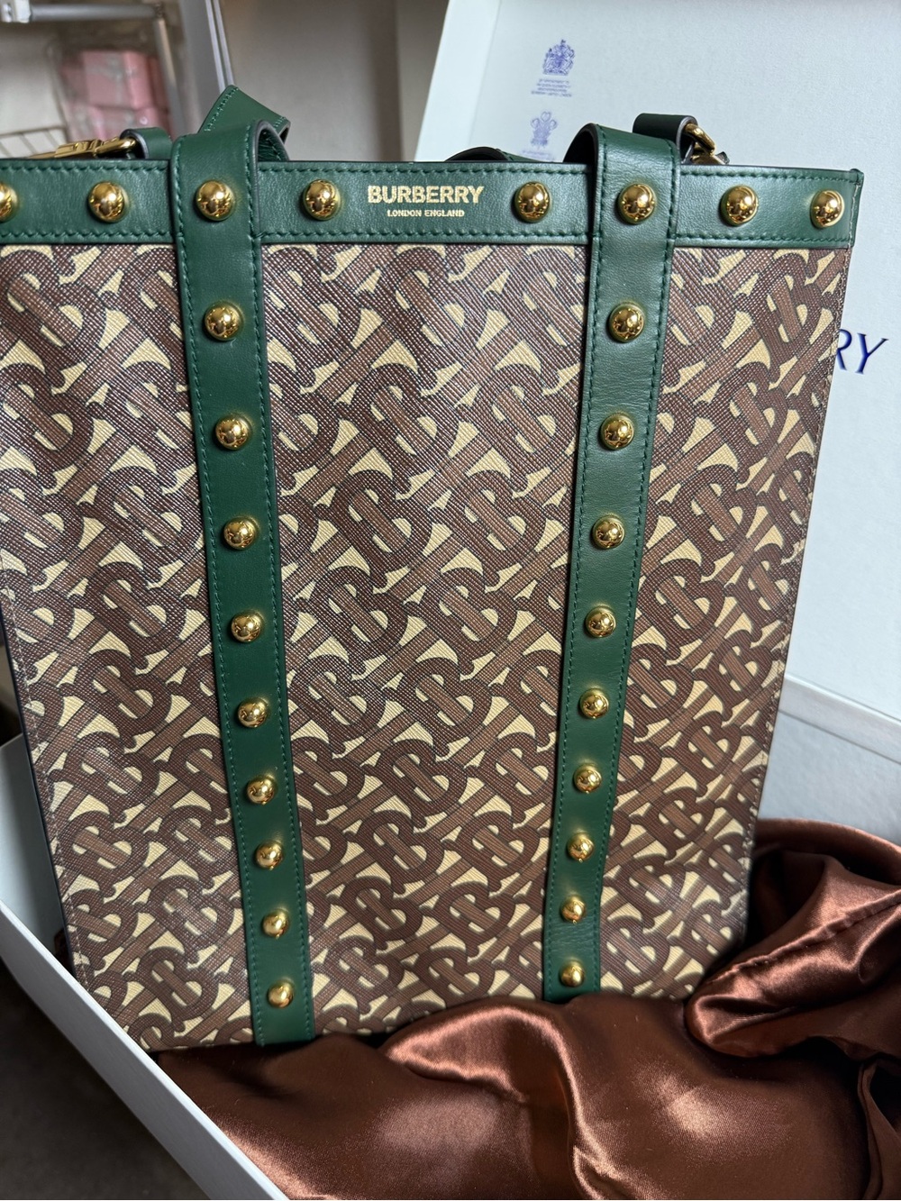 Burberry TB Monogram tote bag green leather straps with gold-toned studs.